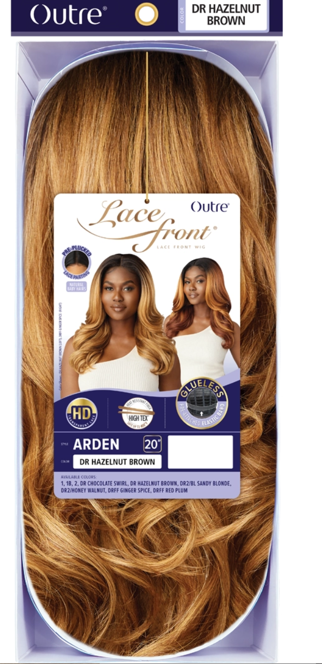 Packaged hair extension with Outre branding and a model image on a white background