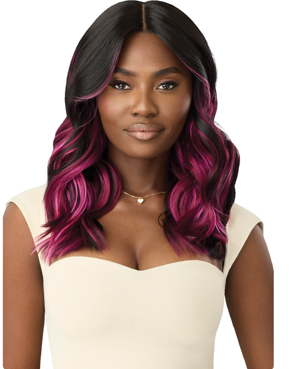 Woman with black hair transitioning to pink, wearing a beige top on a white background