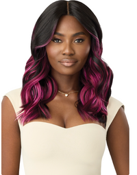Thumbnail for Woman with black hair transitioning to pink, wearing a beige top on a white background