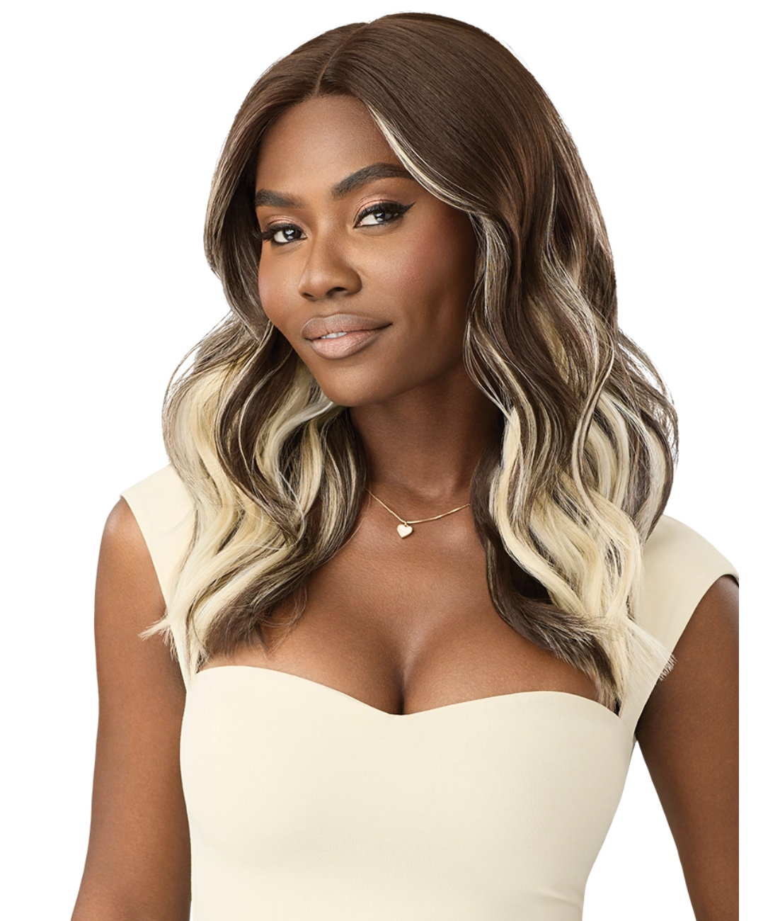 Woman with wavy hair transitioning from brown to blonde, wearing a beige top on a white background.