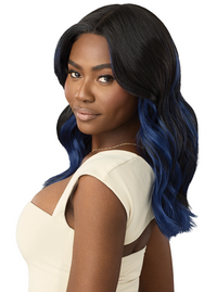 Thumbnail for Woman with black hair transitioning to blue, wearing a beige top on a white background
