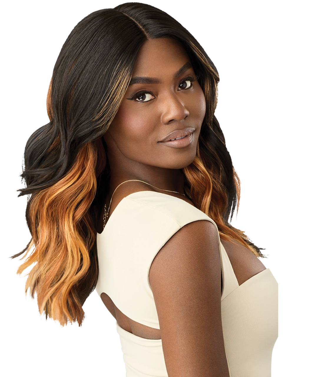 Woman with styled hair featuring a gradient from black to brown on a white background