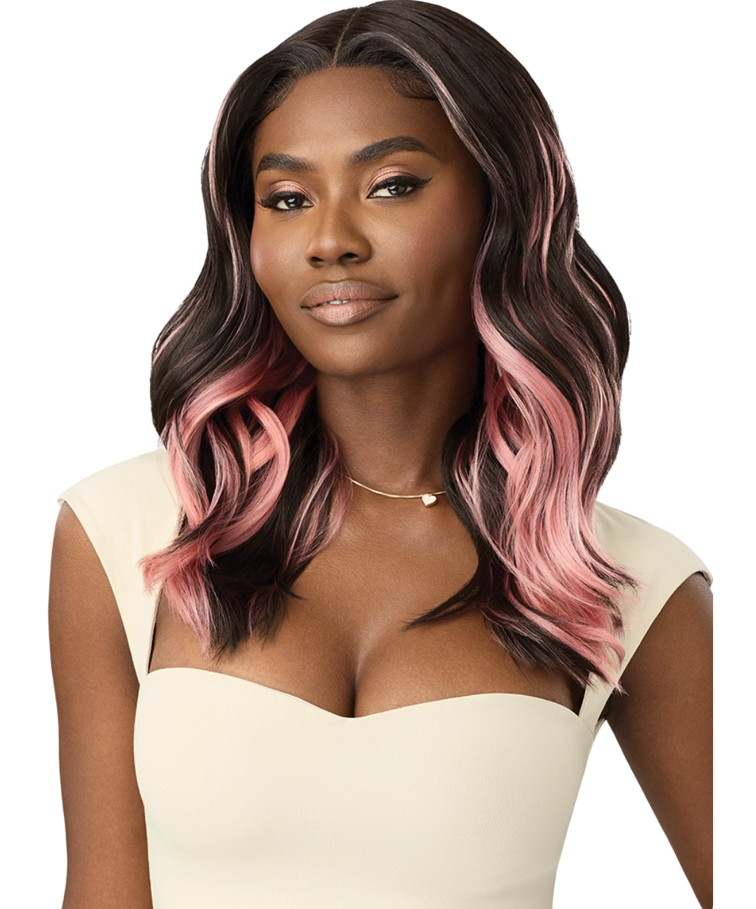Woman with wavy hair transitioning from black to pink on a white background