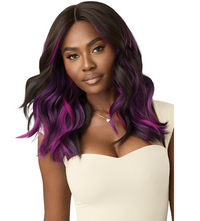 Thumbnail for Woman with wavy hair transitioning from black to purple on a white background