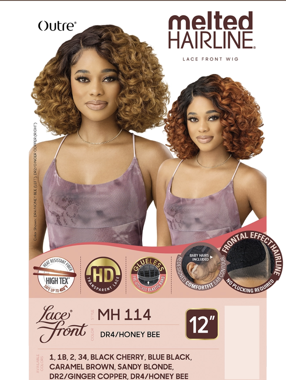 Advertisement for Outre Melted Hairline lace front wig with two models wearing the wig.