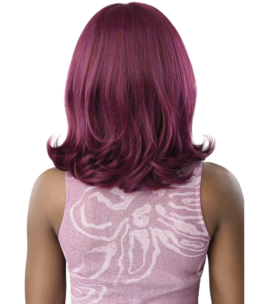 Person with purple hair wearing a patterned top on a white background