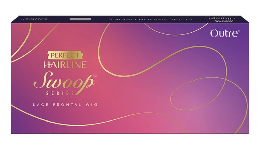 Box of Outre Perfect Hairline Swoop Series lace frontal wig with a purple and pink gradient design.