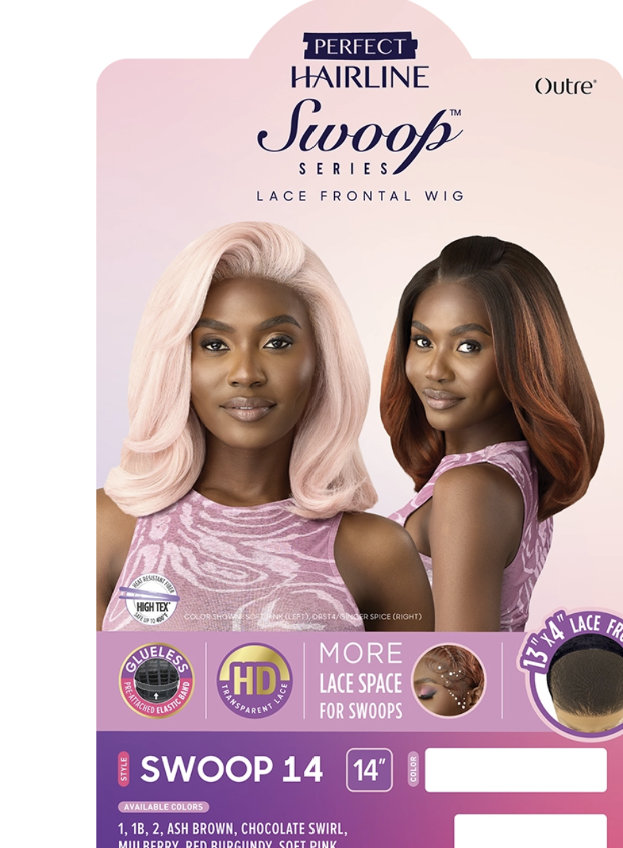 Package of Swoop lace frontal wig with two models wearing the wig.