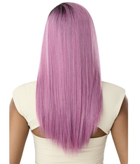 Thumbnail for Person wearing a wig with long, straight, purple hair on a white background