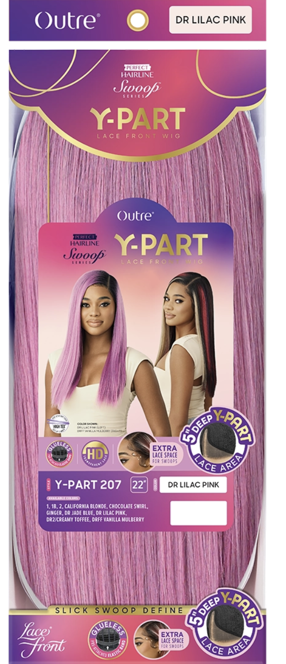 Outre Y-Part hair extensions packaging with two women and product details on a purple background