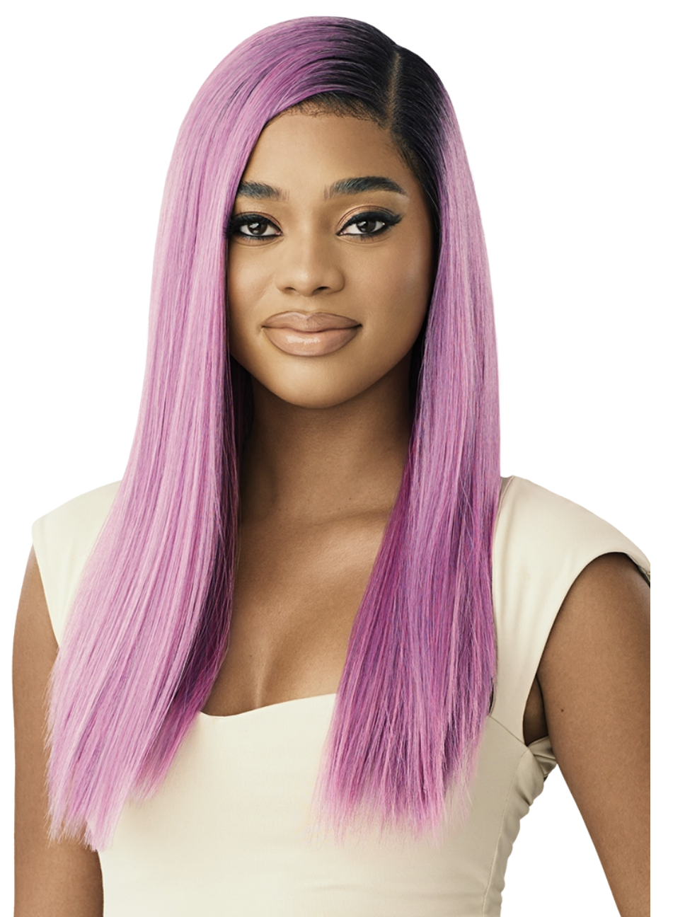 Woman with long straight purple hair wearing a white top on a white background