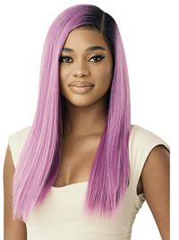 Thumbnail for Woman with long straight purple hair wearing a white top on a white background