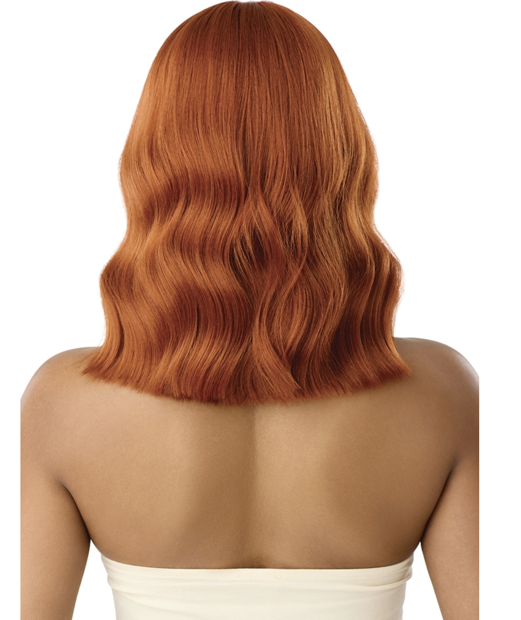Back view of a person with wavy red hair on a white background