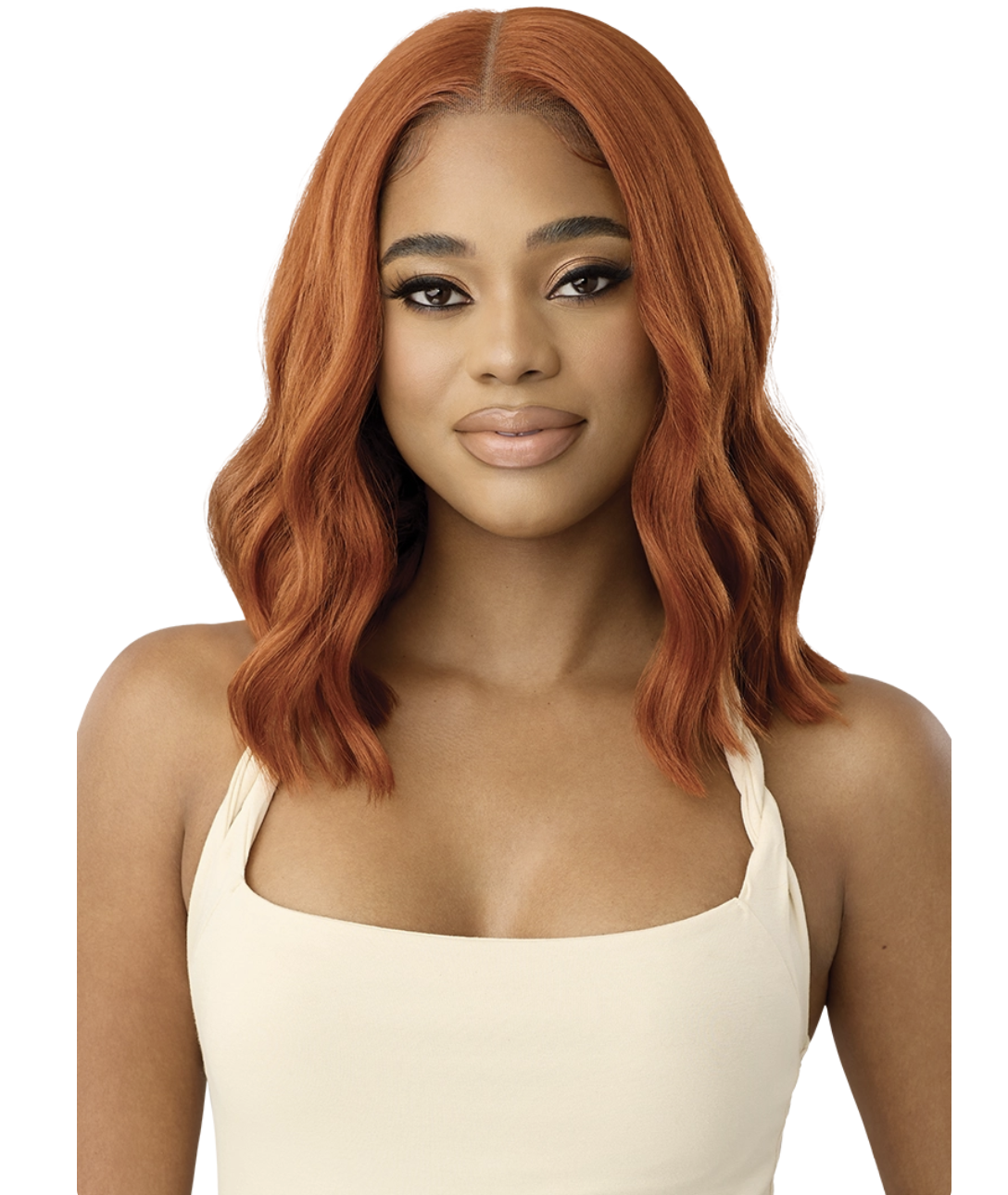Woman with red hair wearing a beige tank top on a white background