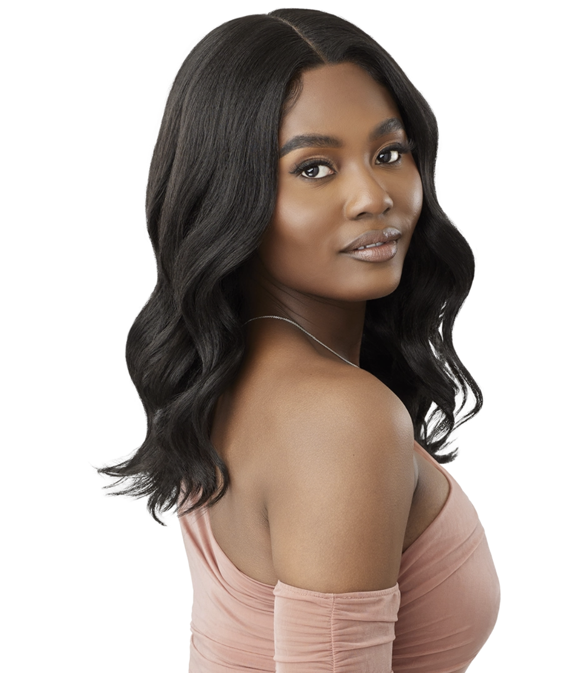 A woman with long, straight, black hair styled with soft waves, wearing a dusty pink off-the-shoulder top against a solid white background.