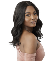 Thumbnail for A woman with long, straight, black hair styled with soft waves, wearing a dusty pink off-the-shoulder top against a solid white background.
