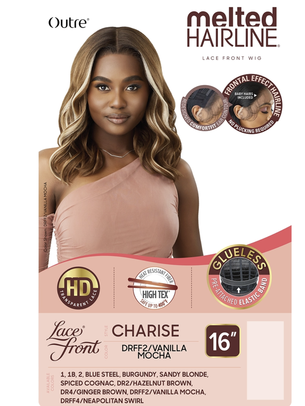 Hair extension packaging card for Outre Melted Hairline Lace Front HIO, featuring a model with long, wavy blonde hair extensions. The card displays the shade name 'Charise' and color description 'DRFF2/VANILLA MOCHA' on a pink and beige background with product feature badges.