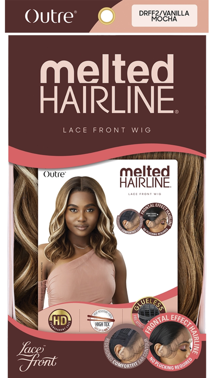 Outre Melted Hairline Lace Front Wig in Drff2 Vanilla Mocha, featuring a package design with brown and pink graphics and a model photo showing the wig styled.