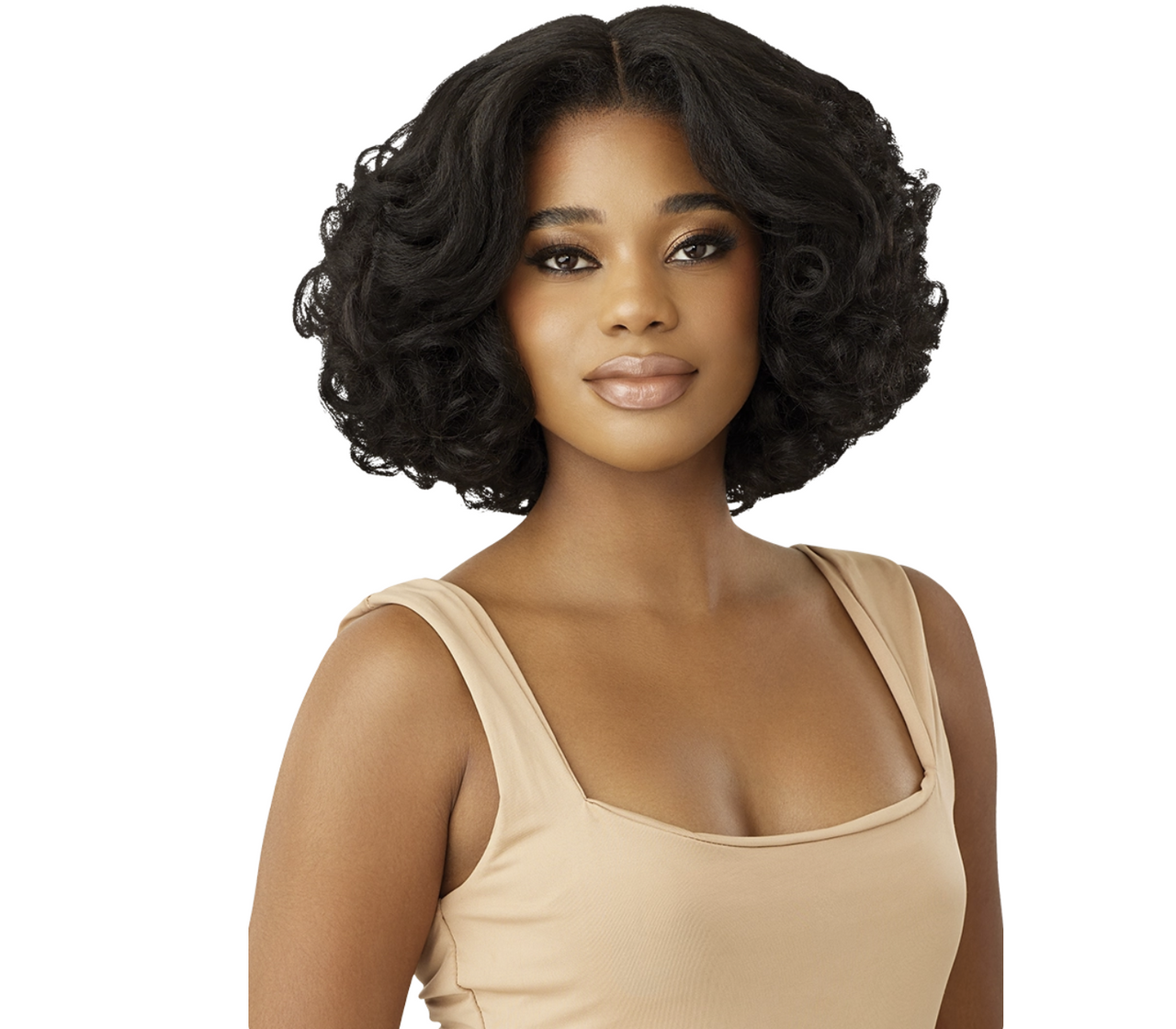 A woman with a short, curly black wig wearing a beige scoop-neck top, shown against a plain white background.
