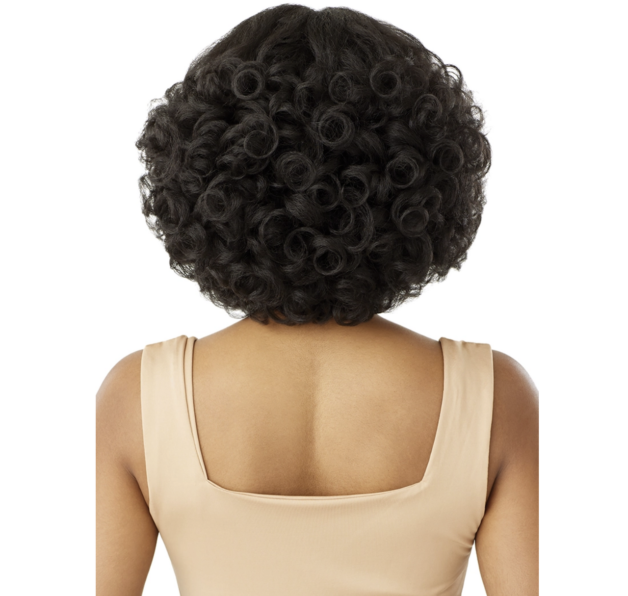 Back view of a person wearing a short, tightly curled black wig against a plain white background.