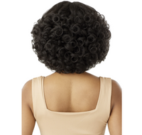 Thumbnail for Back view of a person wearing a short, tightly curled black wig against a plain white background.