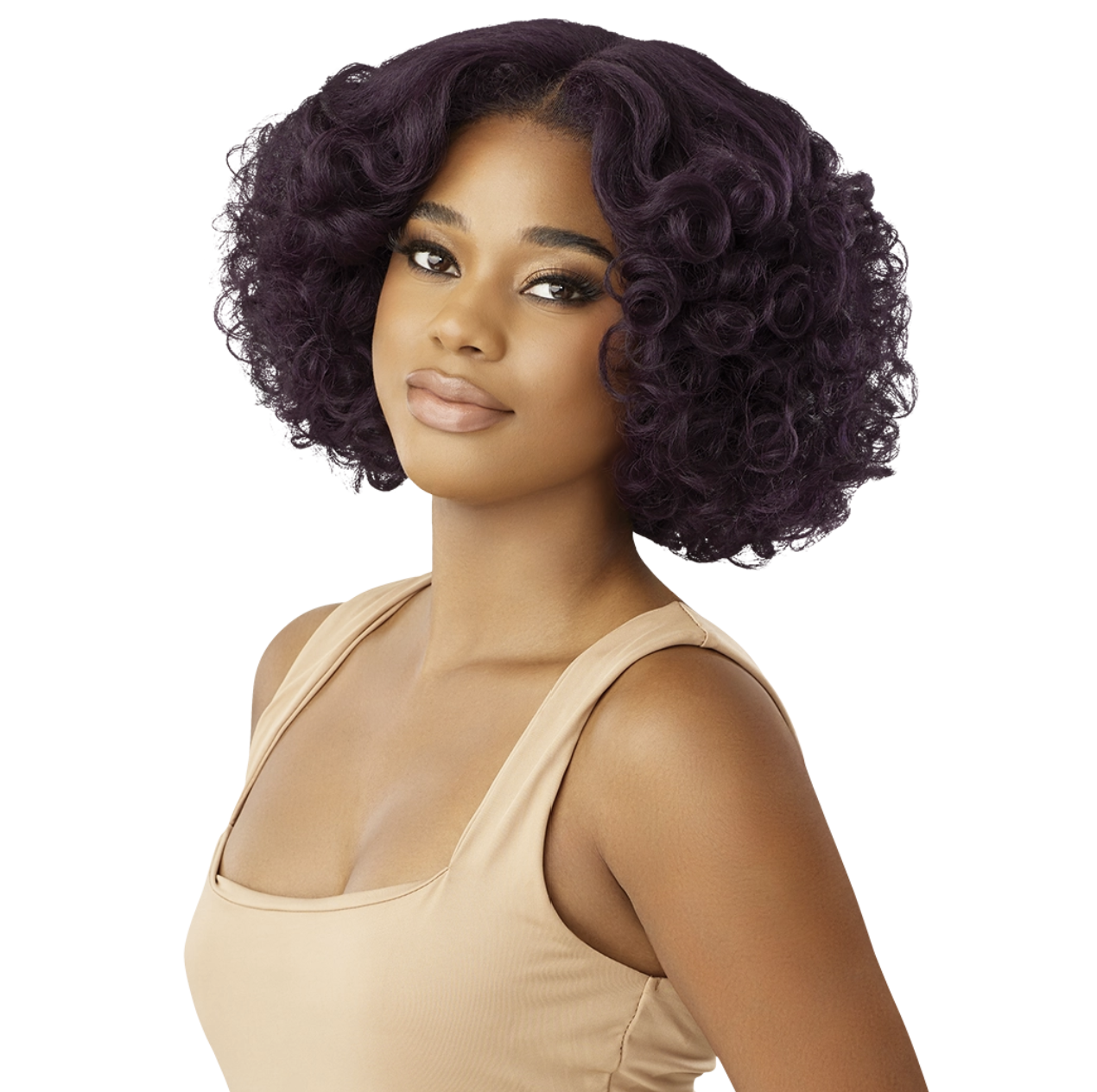 A woman modeling a short, curly wig with deep dark purple color, paired with a beige ribbed tank top, set against a solid white background.