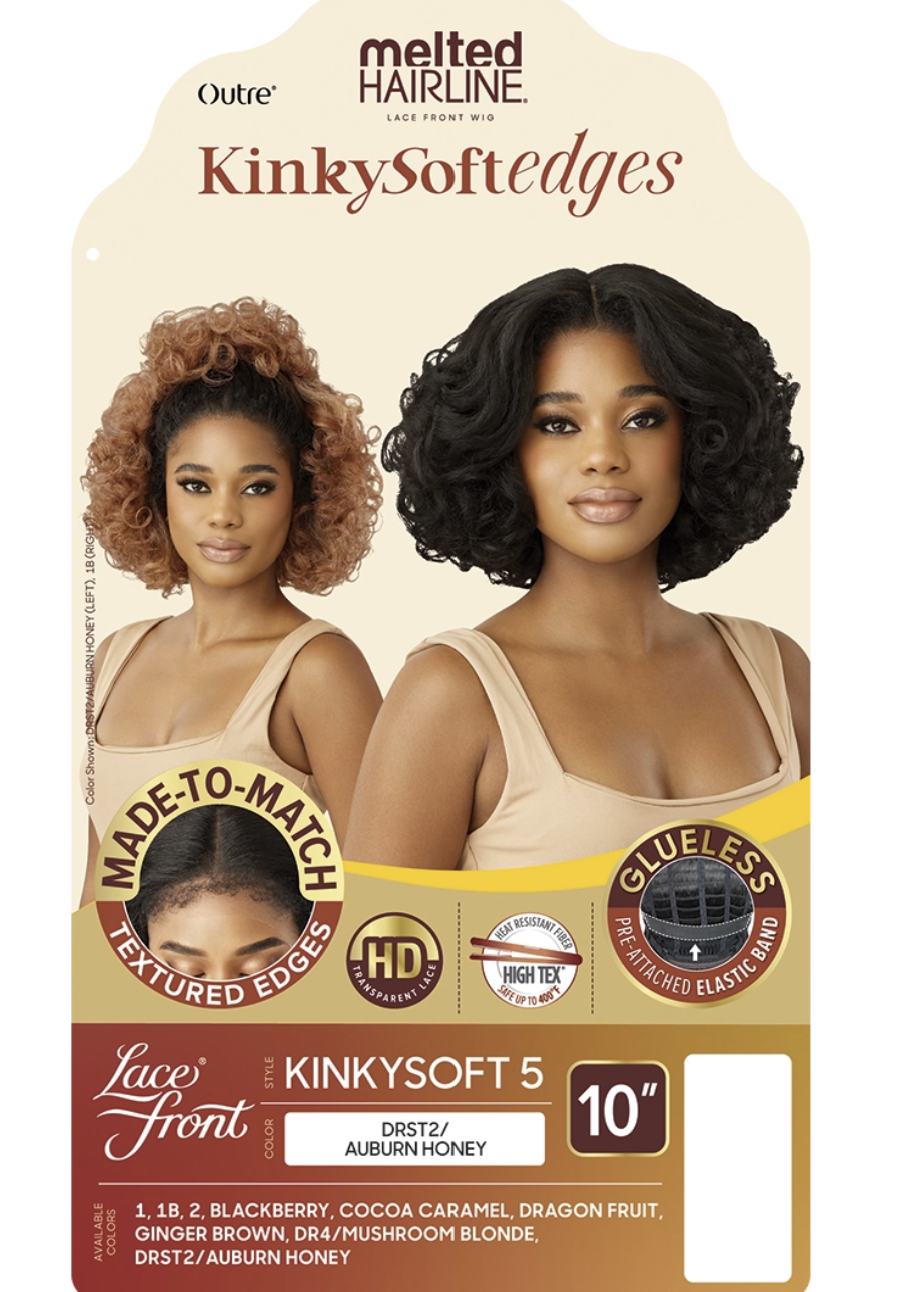 Melted Hairline KinkySoftedges KinkySoft 5 Lace Front wig packaging in Auburn Honey, featuring two models with styled curly and wavy hair on a cream and yellow card.