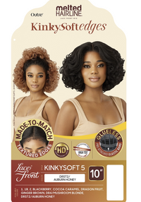 Thumbnail for Melted Hairline KinkySoftedges KinkySoft 5 Lace Front wig packaging in Auburn Honey, featuring two models with styled curly and wavy hair on a cream and yellow card.