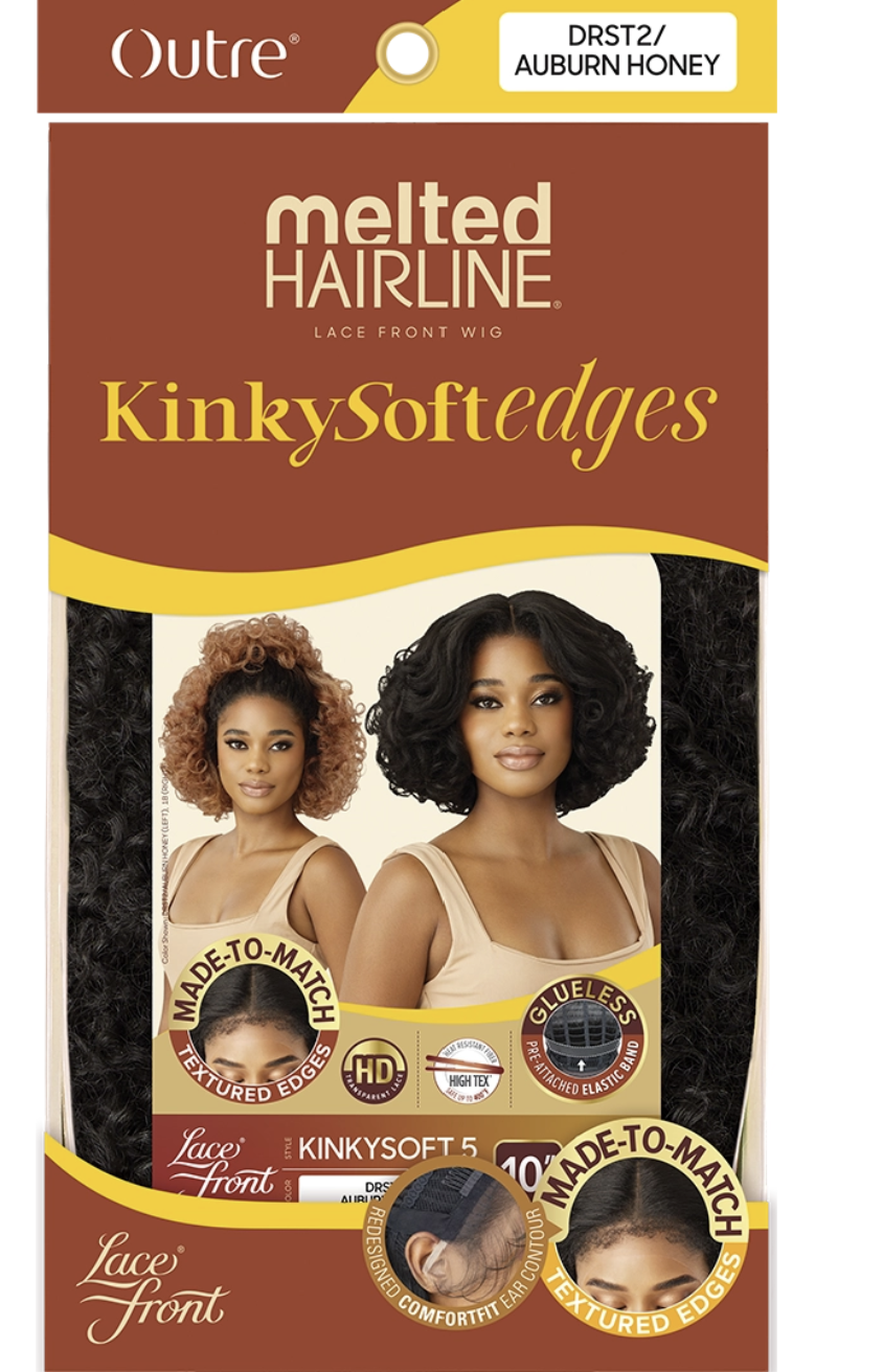 A package of Outre Melted Hairline KinkySoftEdges lace front wigs in Auburn Honey, showing two models with styled hair and product details on the packaging.