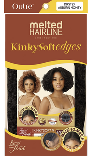 Thumbnail for A package of Outre Melted Hairline KinkySoftEdges lace front wigs in Auburn Honey, showing two models with styled hair and product details on the packaging.