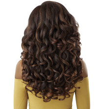 Thumbnail for Long, voluminous dark brown hair with warm caramel highlights, styled in loose curls, shown from the back on a model wearing a mustard yellow top against a white background.
