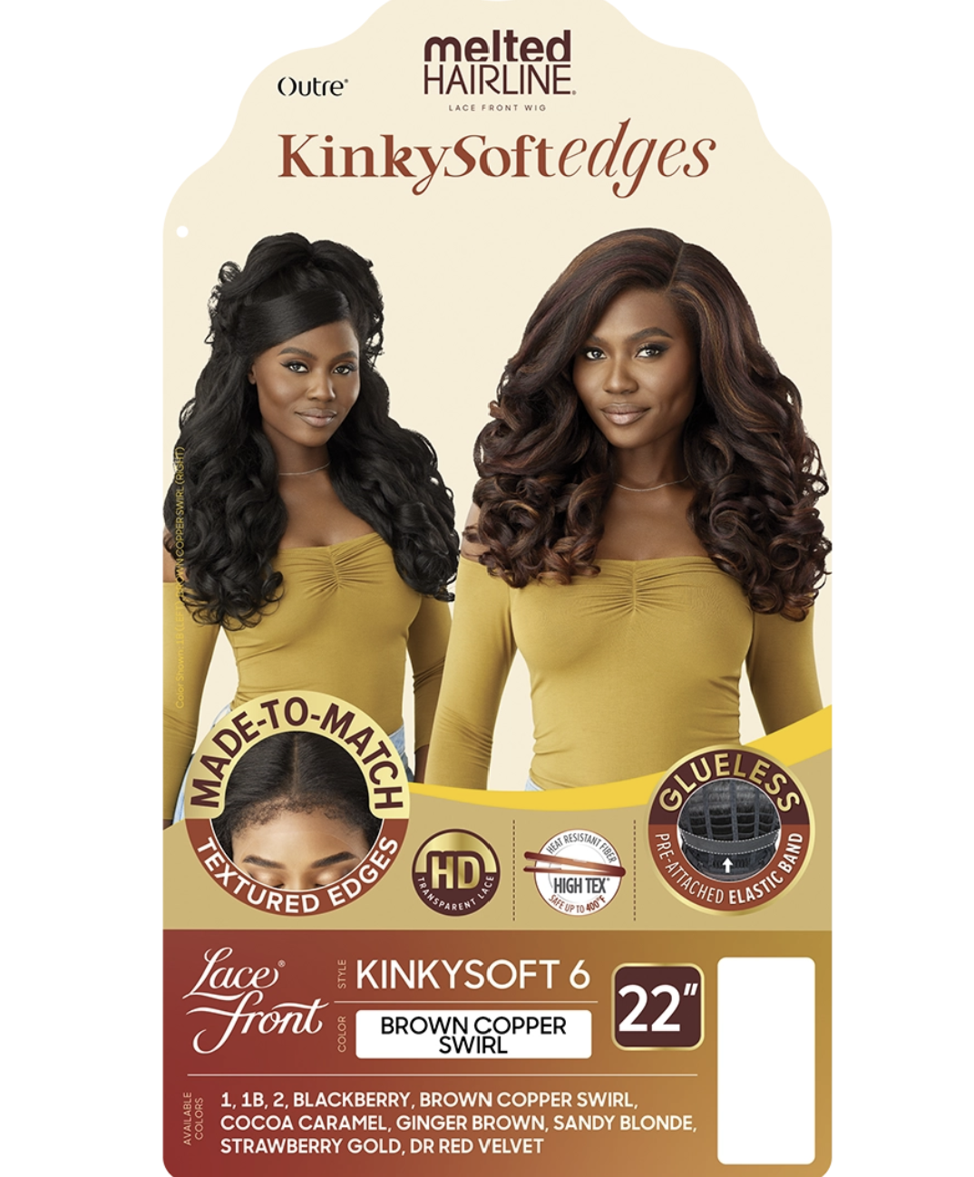 Melted Hairline by Luce Front KinkySoftedges Kinkysoft 6 Brown Copper Swirl hair extension packaging, showing two models wearing the styled hair on a cream and yellow card.