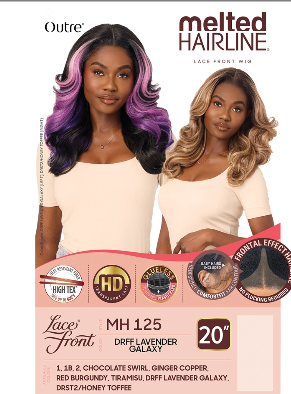 Advertisement for Outre Melted Hairline lace front wig with two models and product details.