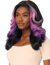 Thumbnail for Woman with a wig featuring black hair with purple and pink ombre on a white background