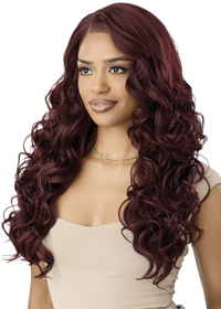 Thumbnail for Woman with long, wavy, burgundy hair on a white background