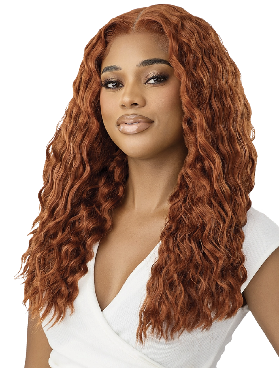 Woman with long, wavy, reddish-brown hair wearing a white top on a white background