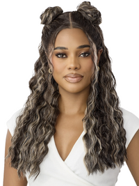 Thumbnail for Woman with styled hair in two buns on top of her head, wearing a white top against a white background.