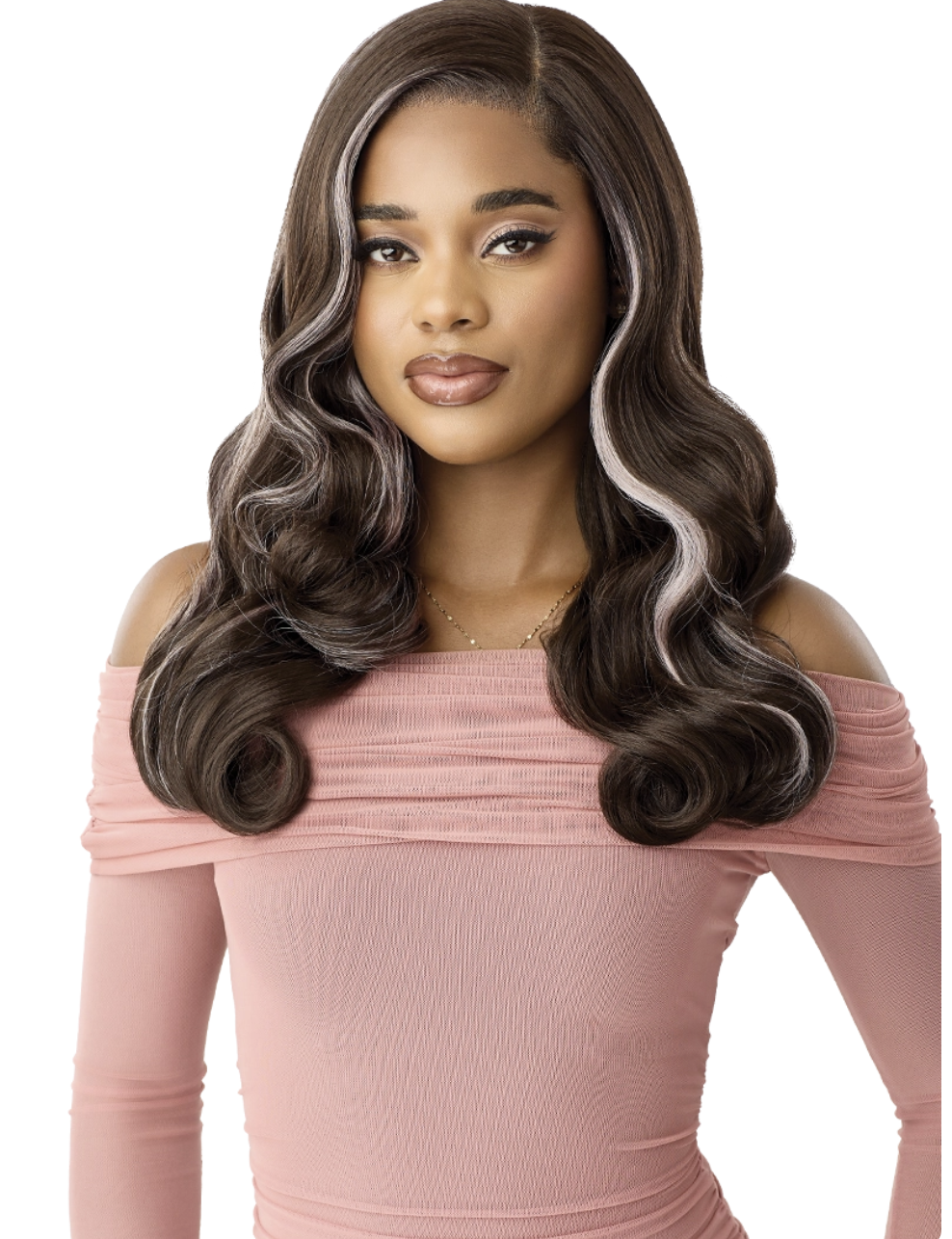 Woman with long, wavy hair wearing a pink off-shoulder top on a white background