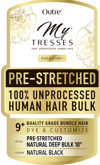 Thumbnail for Front-facing product label for Outre My Tresses human hair bulk, showing a gold-and-white design with text reading 'PRE-STRETCHED 100% UNPROCESSED HUMAN HAIR BULK,' '9+ QUALITY GRADE BUNDLE HAIR,' and 'COLOR NATURAL BLACK.'.
