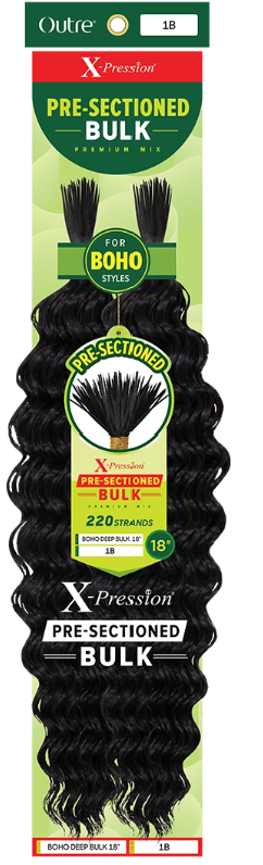 Package of X-Pression pre-sectioned bulk hair extensions with green label.
