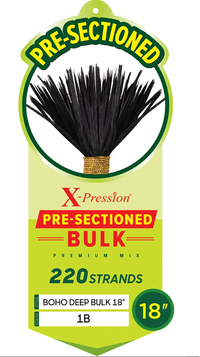Thumbnail for Xpression pre-sectioned bulk hair product packaging with black hair strands on a green background