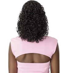 Thumbnail for Back view of a person with shoulder-length, tightly curled black hair, wearing a light pink sleeveless top with a large open back cutout, against a plain white background.