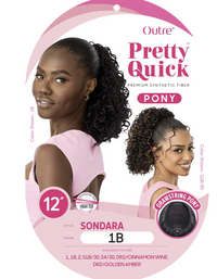 Thumbnail for Product packaging for Outre Pretty Quick Pony hair extension in color 1B (Sondara), showing two models with the ponytail styled on their hair against a white and pink background.