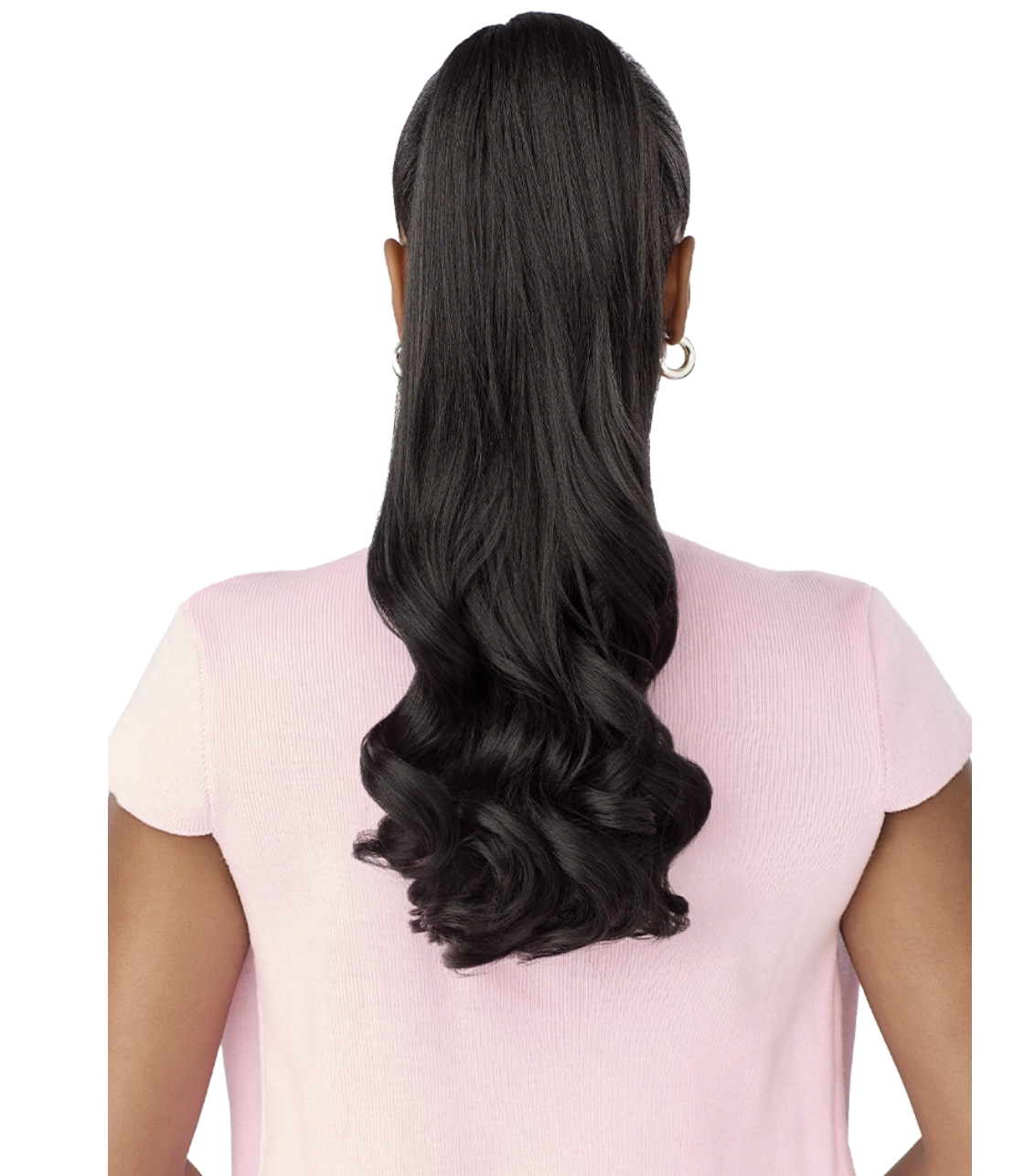 A woman shown from the back wearing a long, dark brown to black wavy ponytail wig, paired with a light pink top against a solid white background.