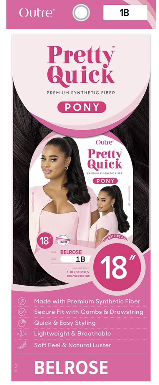 Front packaging of Outre Pretty Quick BELROSE 1B Pony synthetic hair extensions, showing a pink and white box design with model photos and product details.
