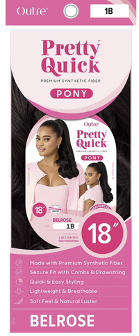 Thumbnail for Front packaging of Outre Pretty Quick BELROSE 1B Pony synthetic hair extensions, showing a pink and white box design with model photos and product details.