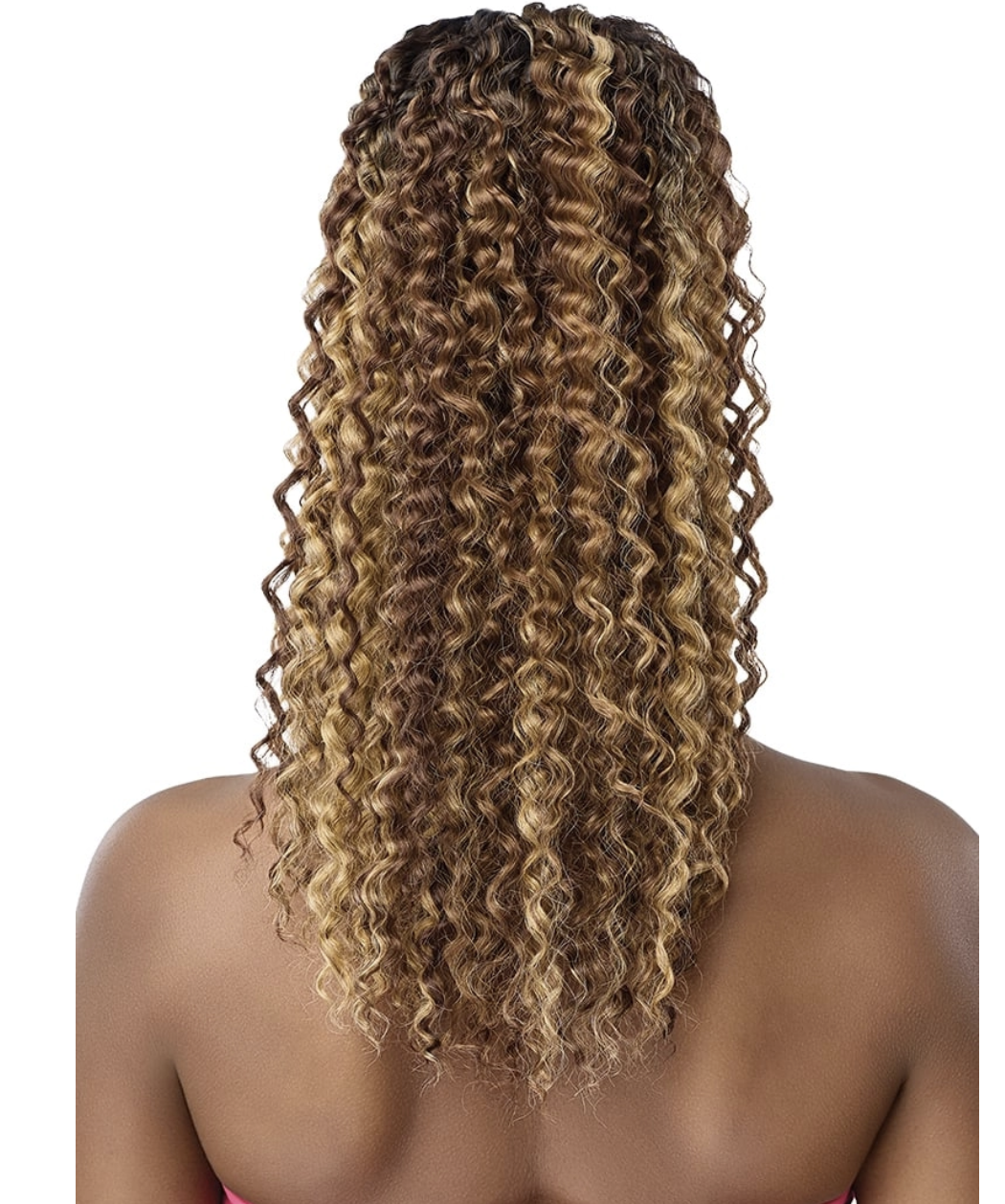 Long, curly wig with dark brown and golden blonde highlights, shown from the back on a model against a white background.