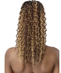 Thumbnail for Long, curly wig with dark brown and golden blonde highlights, shown from the back on a model against a white background.