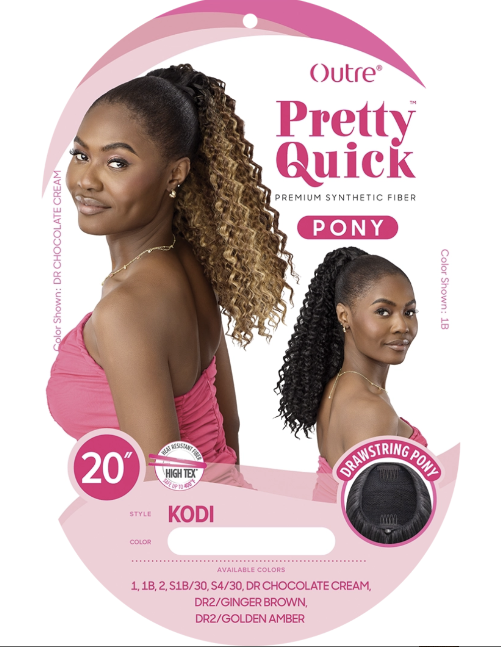 Product packaging for Outre Pretty Quick Pony hair extensions, showing two models with long, high-volume curly ponytail extensions in shades DR Chocolate Cream and DR2/Golden Amber. The packaging features a pink and white design with product details, style name 'KODI', and a circular inset showing the black drawstring ponytail interior.