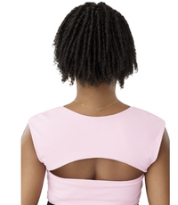 Thumbnail for Back view of a person with short black dreads wearing a light pink sleeveless top with a large open back cutout, against a plain white background.